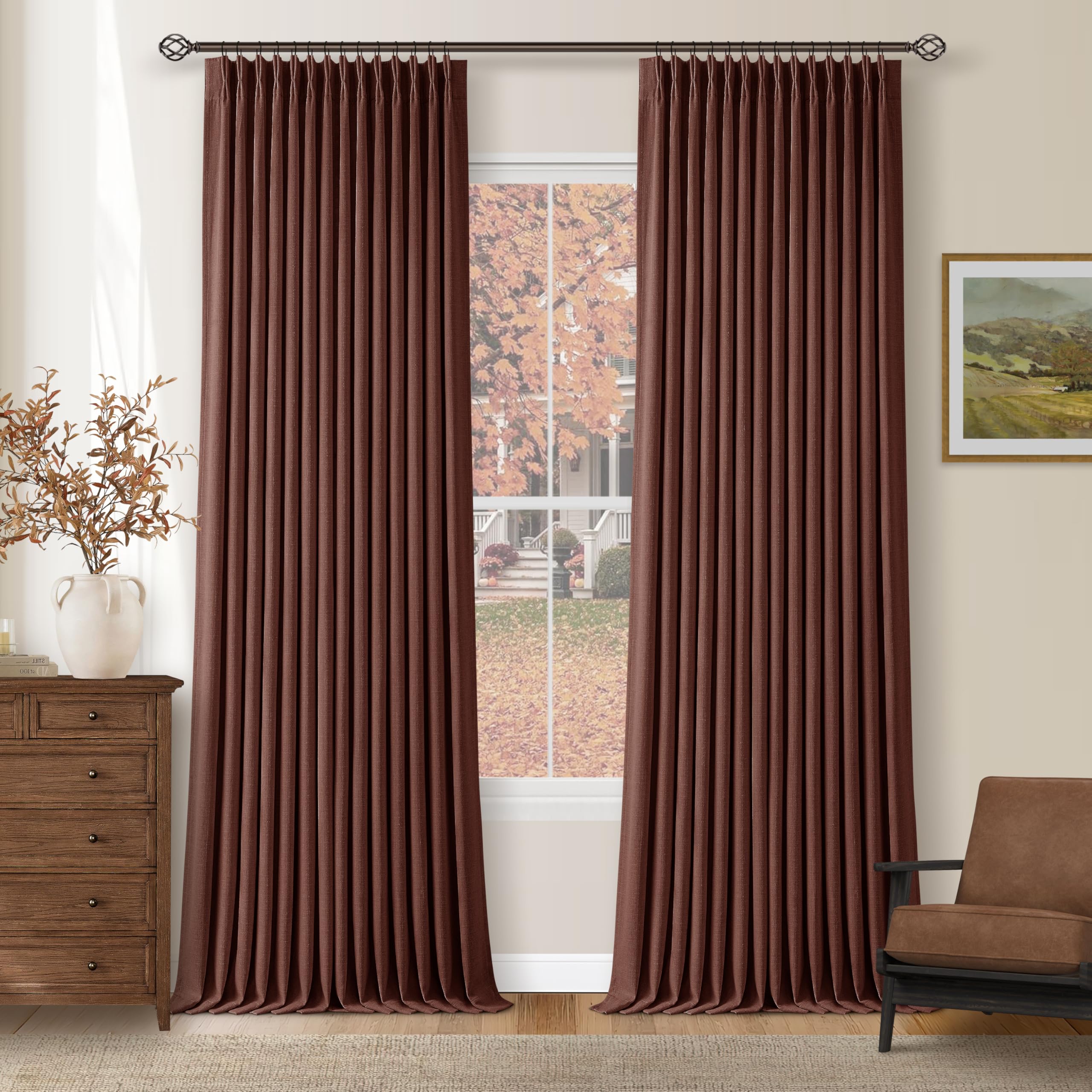 Maroon Blackout Pinch Pleated Linen Curtains 105 Inches Long for Living Room 2 Panels Thermal Insulted Dual Layer Drapes Ceiling Floor 105 Inch Window Curtains Bedroom Chestnut Reddish Brown detail image 7