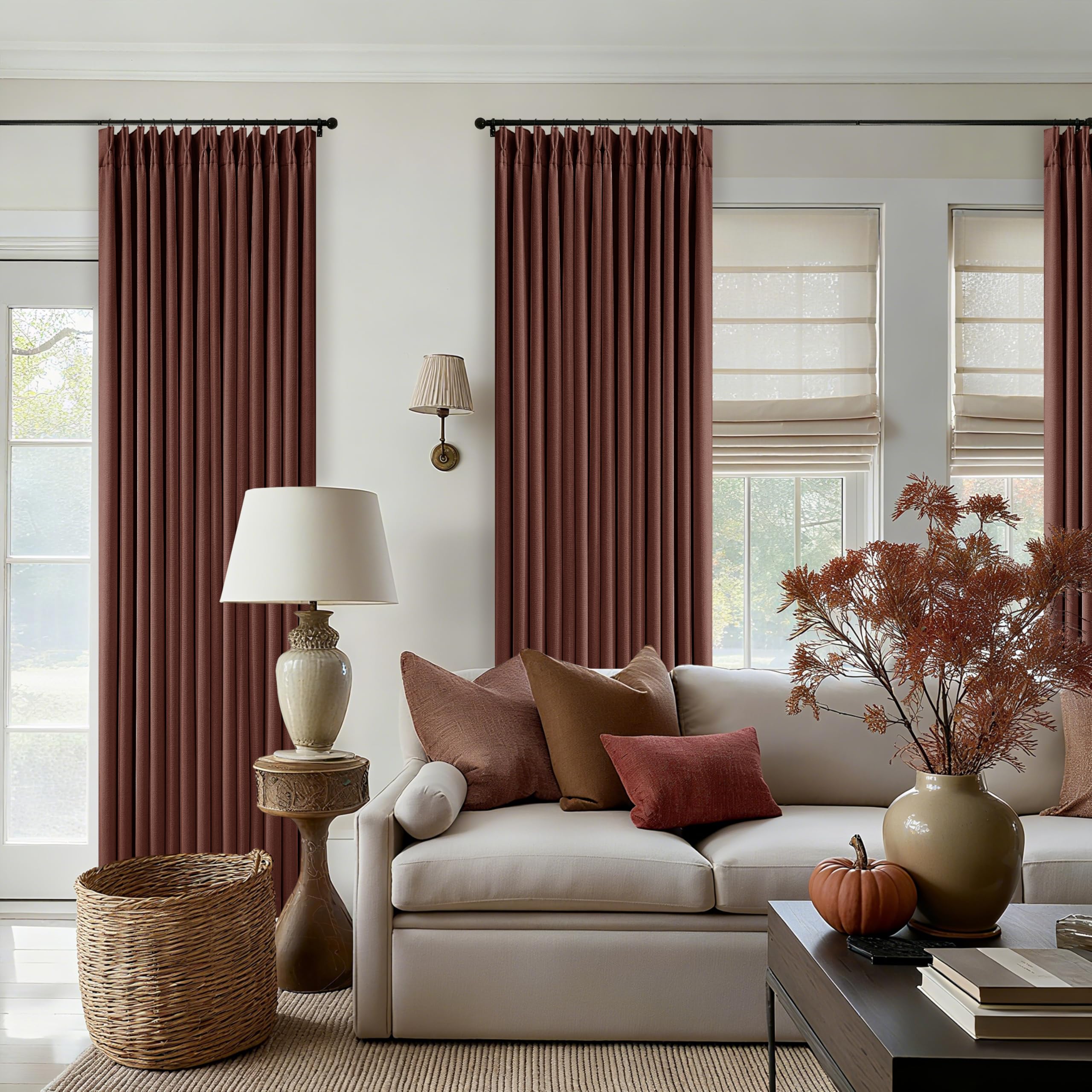 Maroon Blackout Pinch Pleated Linen Curtains 105 Inches Long for Living Room 2 Panels Thermal Insulted Dual Layer Drapes Ceiling Floor 105 Inch Window Curtains Bedroom Chestnut Reddish Brown detail image 9