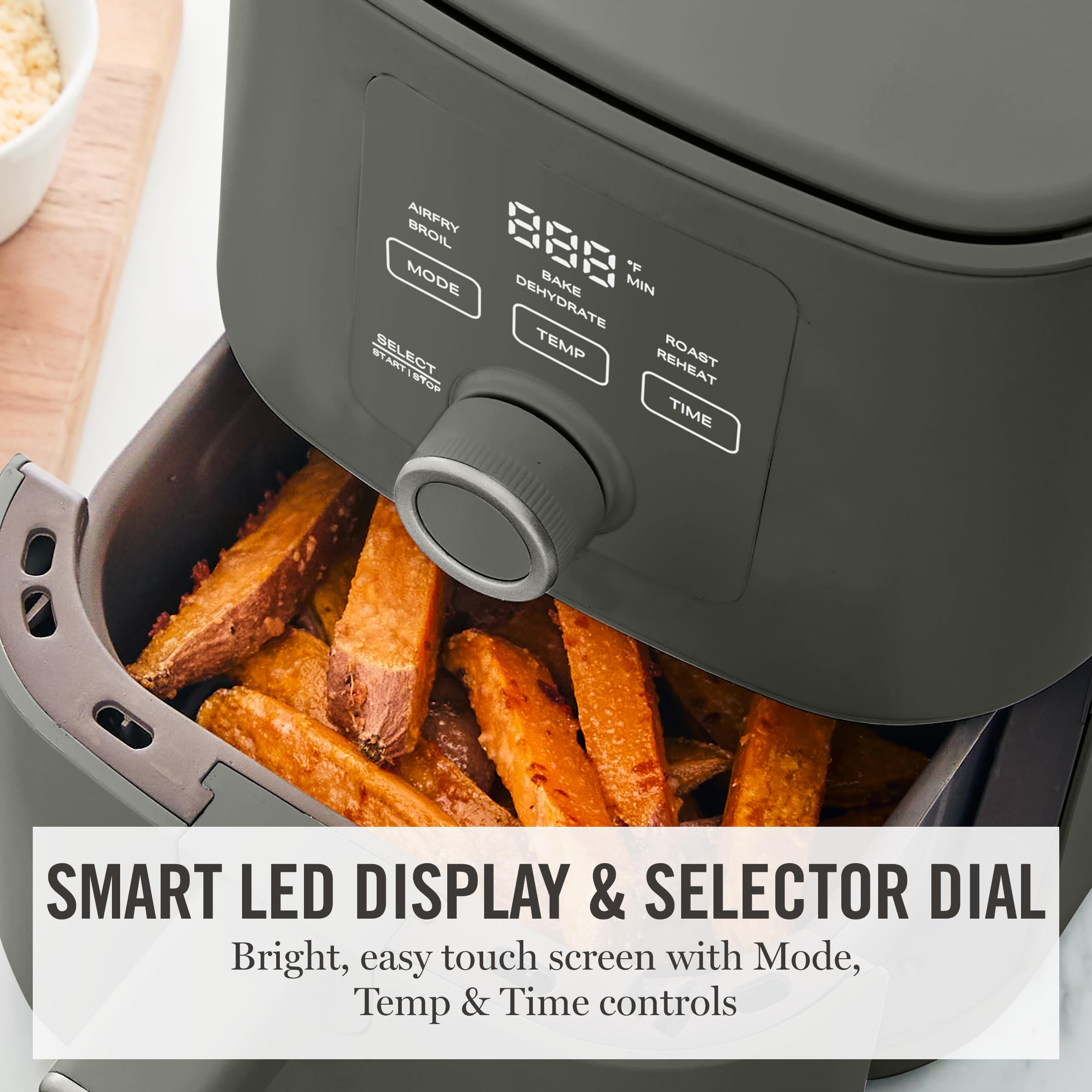 Martha Stewart 6QT Air Fryer, 6-in-1, Bake, Broil, Roast, Air Fry, Dehydrate, Reheat, Ceramic Non-Stick Basket, Crispy Results Fast, 400°F Max Temp, Shake Reminder, Caviar Gray detail image 6