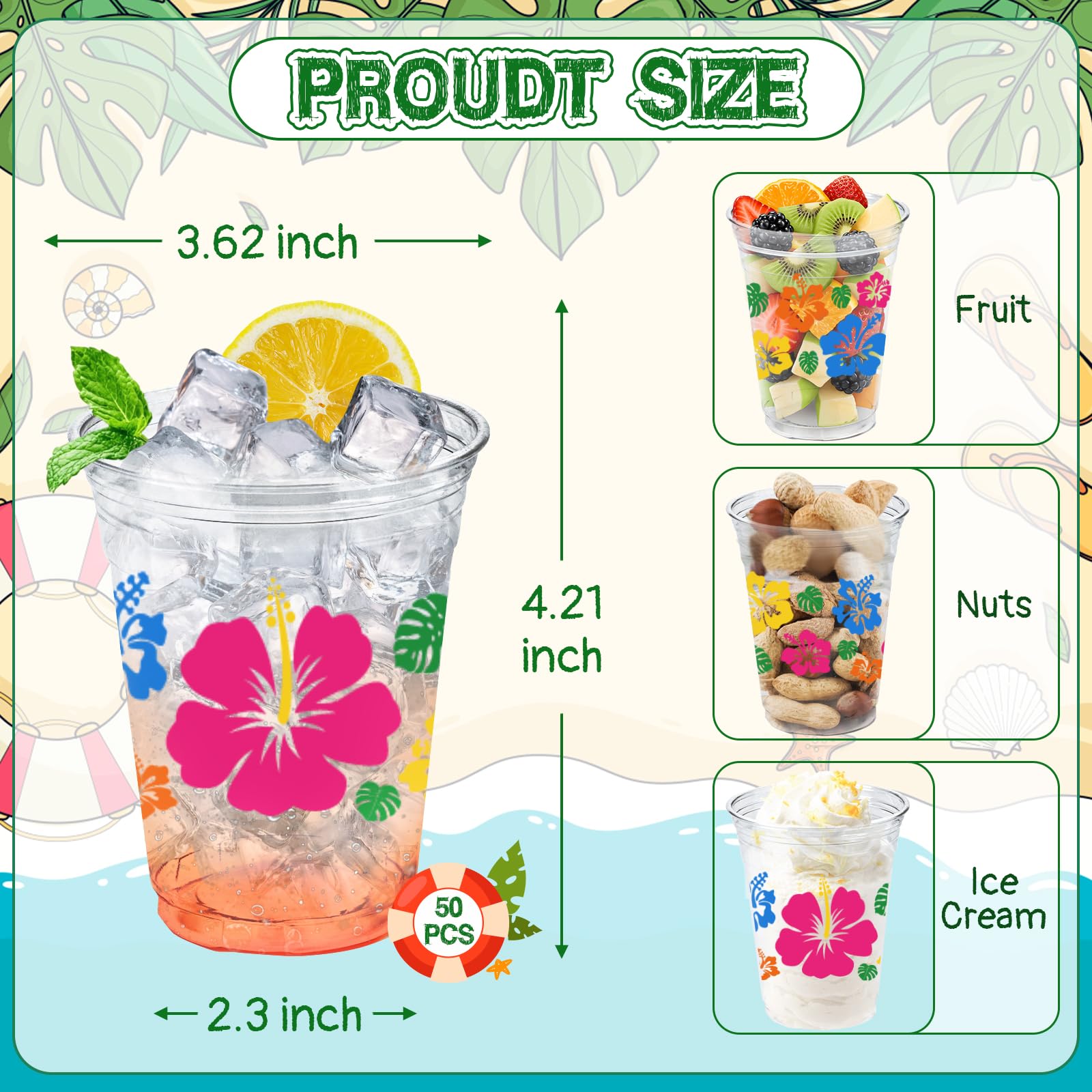 50 vasos desechables de plástico Hawaii con flor de hibisco, 12 oz, diseño tropical colorido, para playa, luau, cumpleaños y baby shower detail image 2