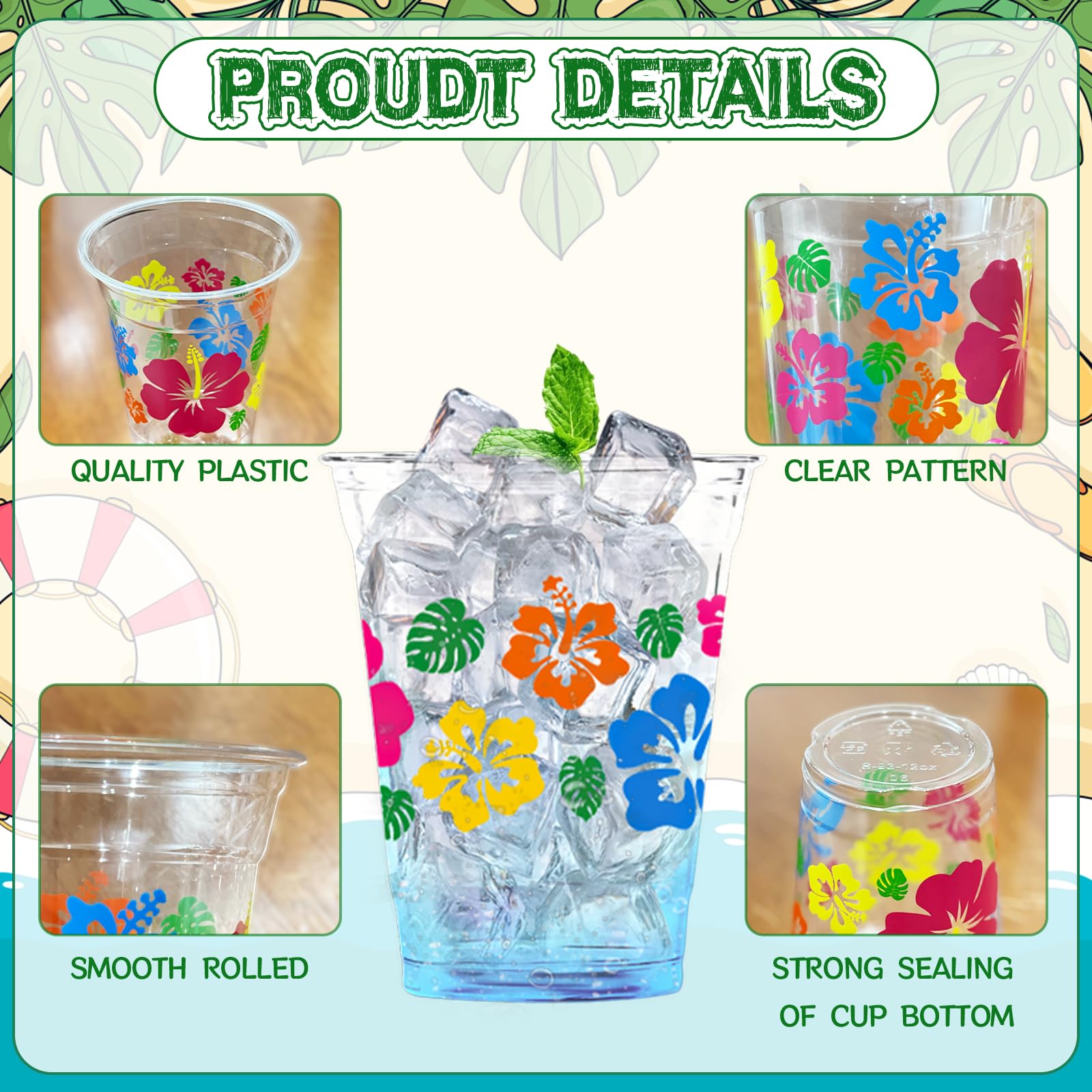50 PCS Hawaii Hibiscus Flower Disposable Plastic Cups 12 OZ Print Clear Colorful Tropical Flower Drinking Beverage Supplies for Summer Beach Luau Aloha Birthday Baby Shower Party Supplies detail image 3