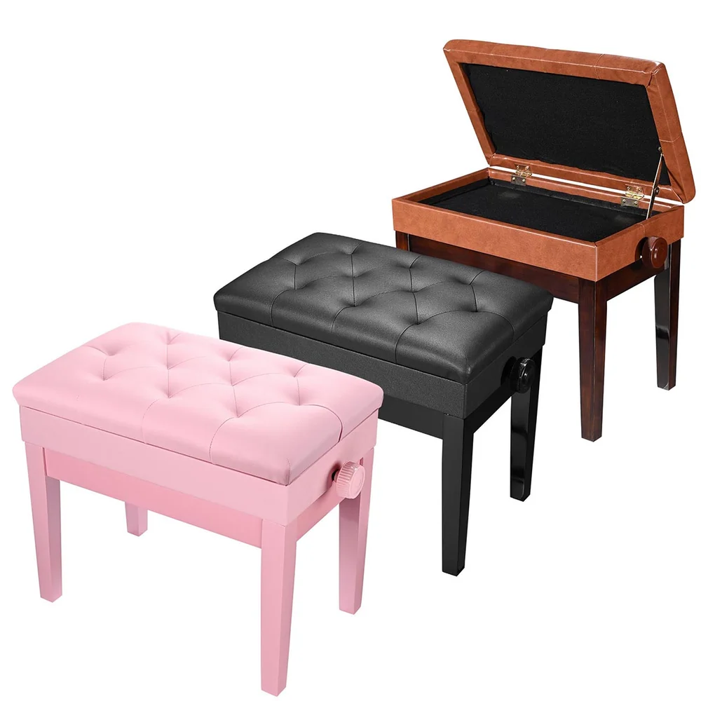 Adjustable Piano Bench with Leatherette Cushion and Storage, Black detail image 1