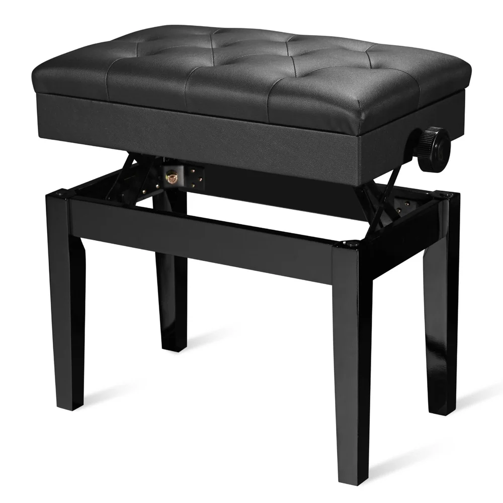 Adjustable Piano Bench with Leatherette Cushion and Storage, Black detail image 3