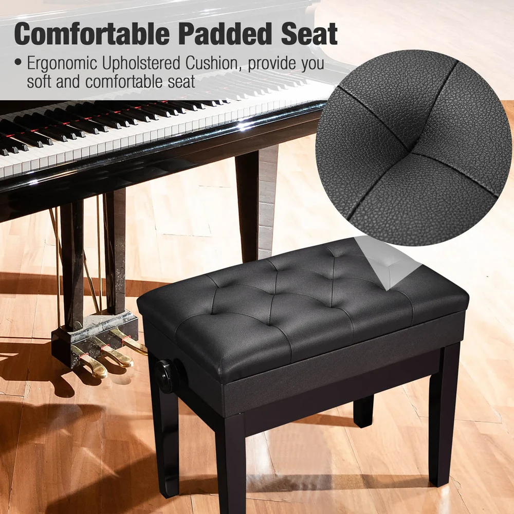 Adjustable Piano Bench with Leatherette Cushion and Storage, Black detail image 4