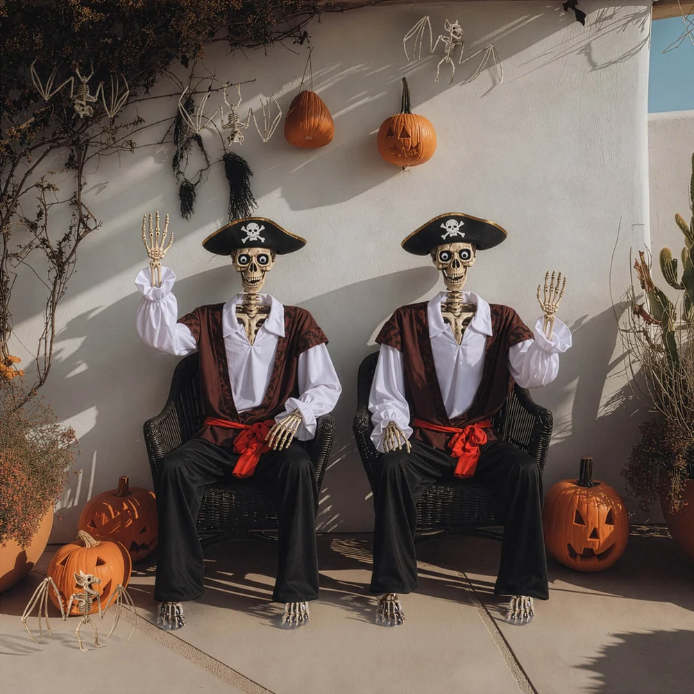 5.6 ft Articulated Swinging Skeleton Halloween Decor (Pirate/Cowboy Outfit) detail image 3