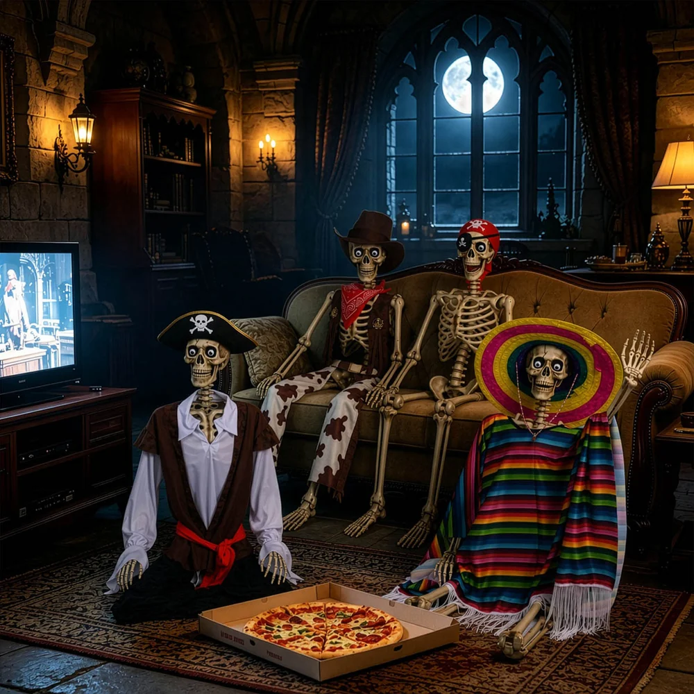 5.6 ft Articulated Swinging Skeleton Halloween Decor (Pirate/Cowboy Outfit) detail image 11