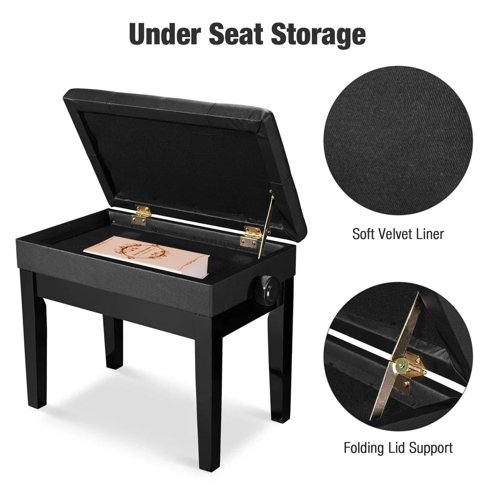 Banqueta de piano con altura ajustable, asiento de cuero sintético con almacenamiento, negro detail image 2