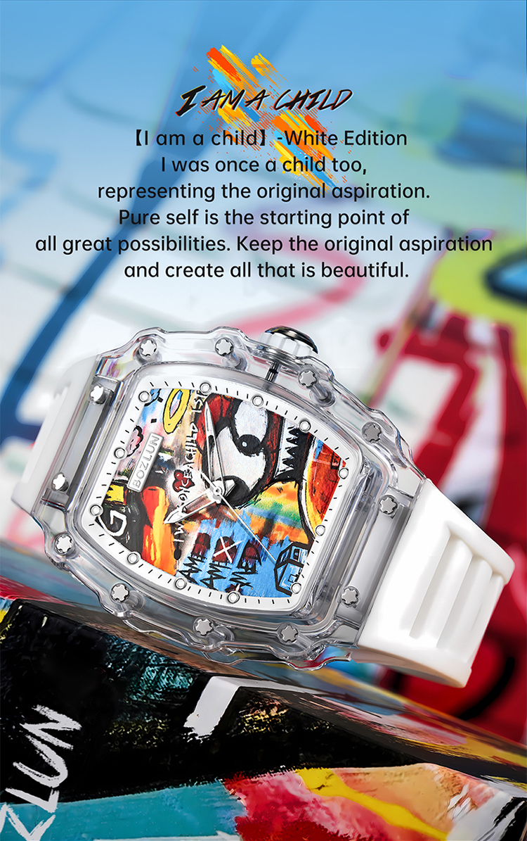 SKMEI KOTA Series Unisex Trendy Mechanical Watch — Square Transparent Case, Graffiti Dial, Automatic Movement, 30M Water Resistant Silicone Strap — Gift Item detail image 7