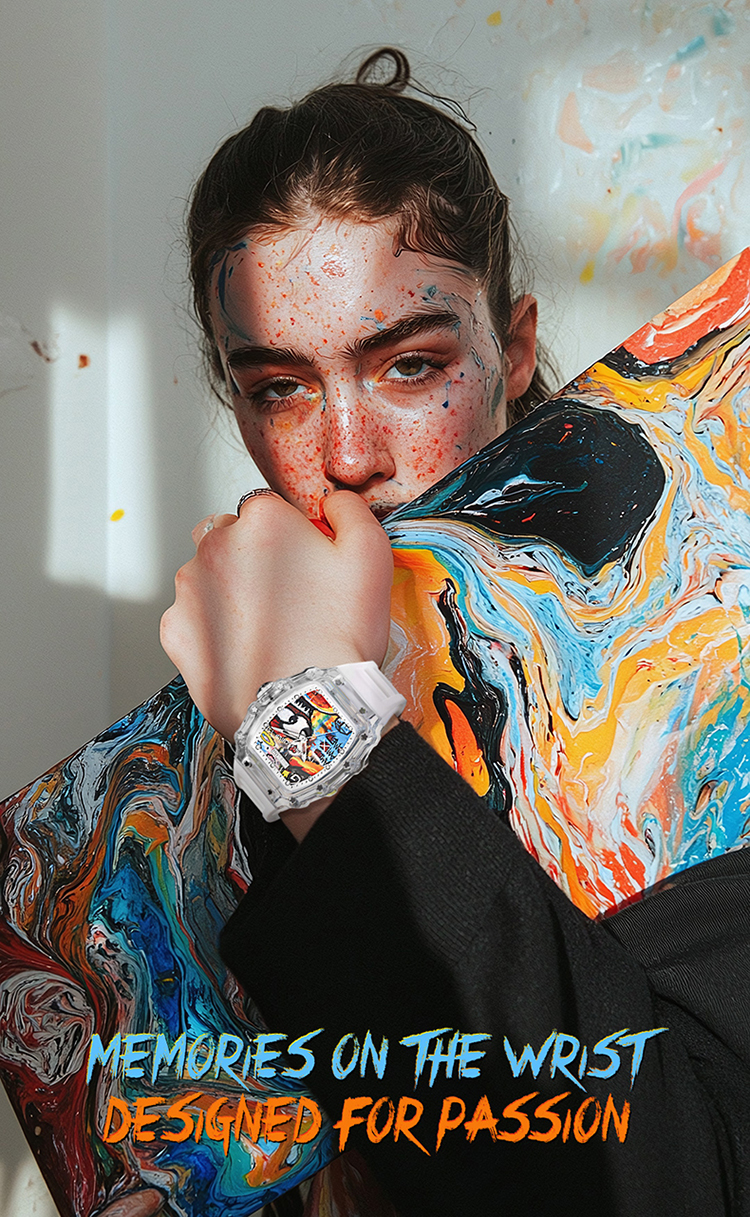 SKMEI KOTA Series Unisex Trendy Mechanical Watch — Square Transparent Case, Graffiti Dial, Automatic Movement, 30M Water Resistant Silicone Strap — Gift Item detail image 12