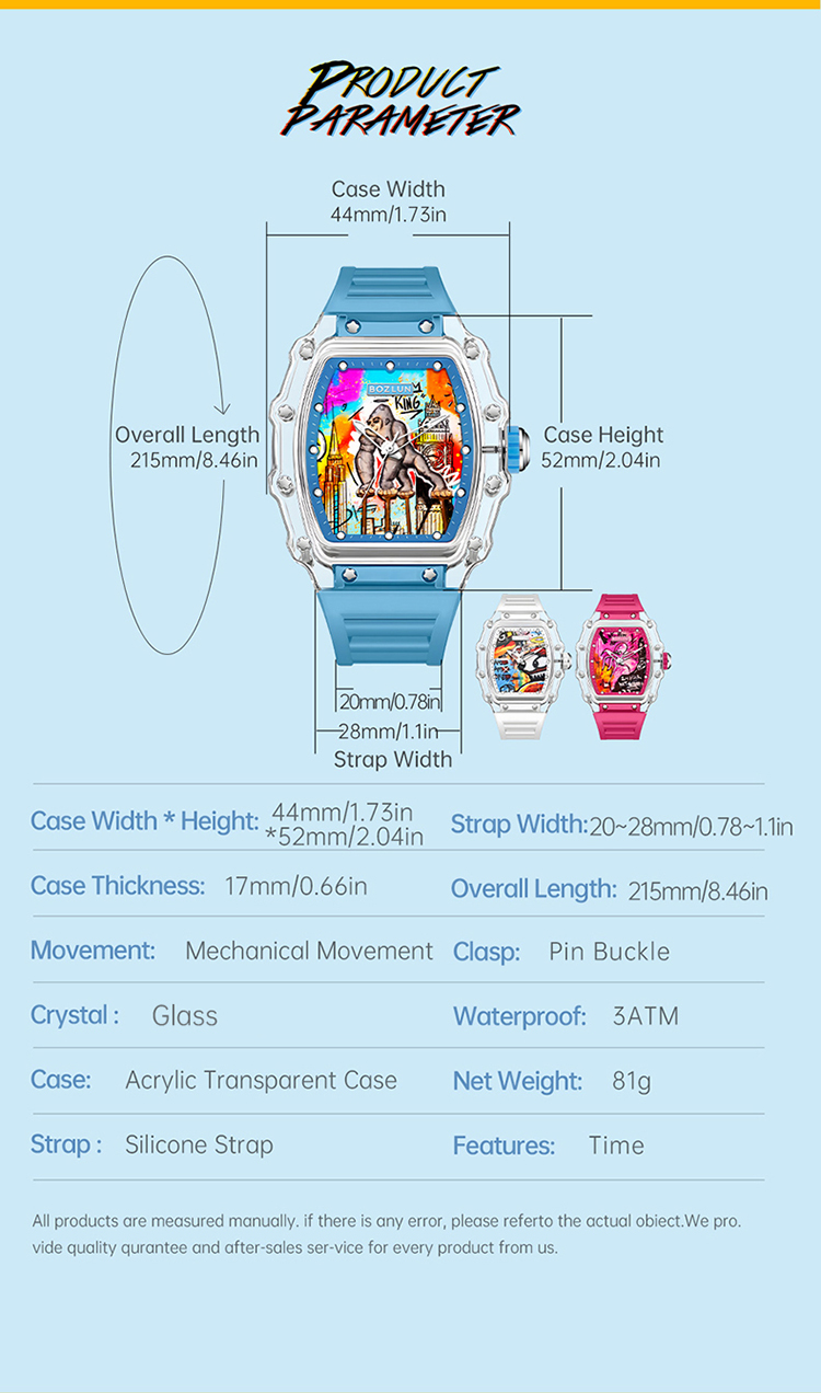 SKMEI KOTA Series Unisex Trendy Mechanical Watch — Square Transparent Case, Graffiti Dial, Automatic Movement, 30M Water Resistant Silicone Strap — Gift Item detail image 13