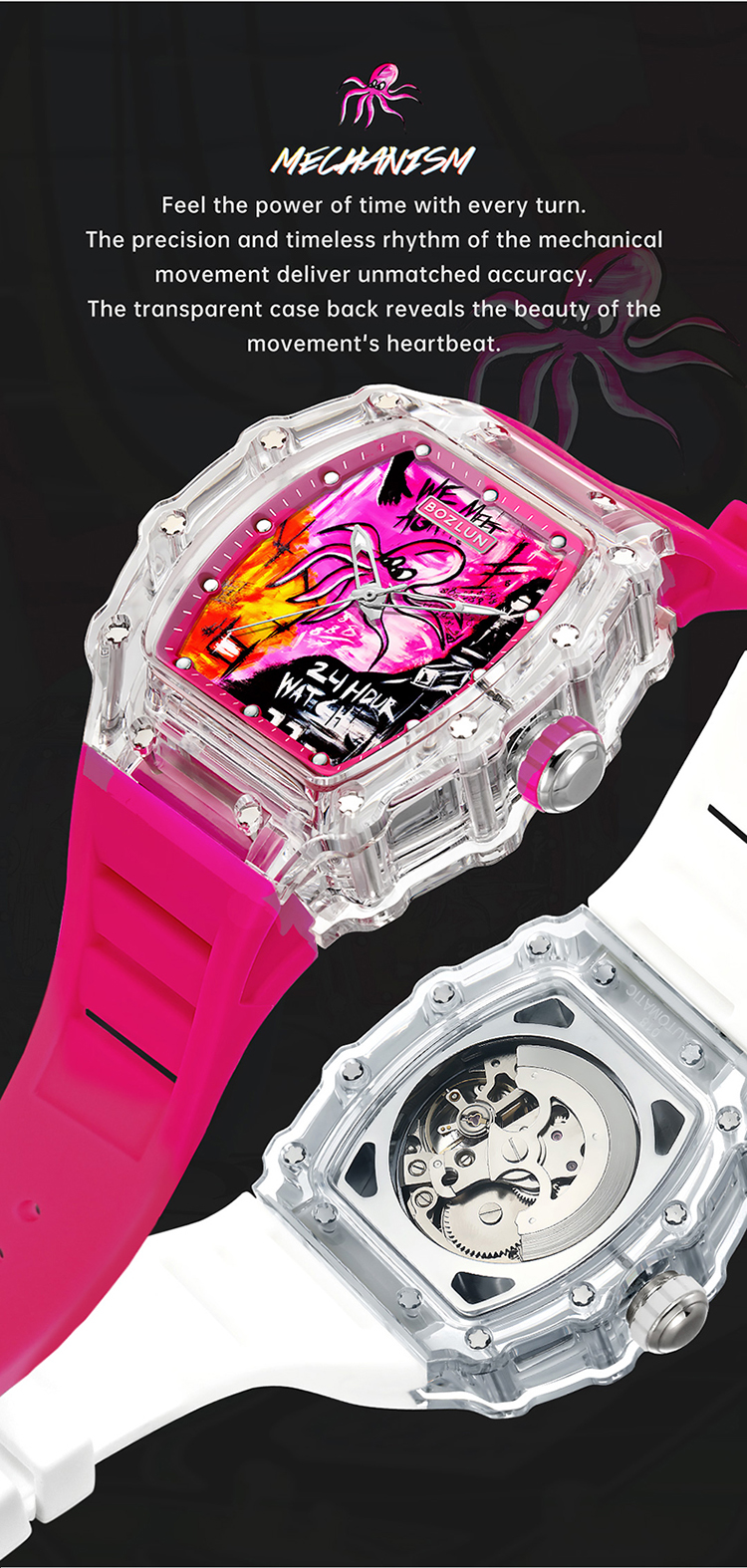 SKMEI KOTA Series Unisex Trendy Mechanical Watch — Square Transparent Case, Graffiti Dial, Automatic Movement, 30M Water Resistant Silicone Strap — Gift Item detail image 10