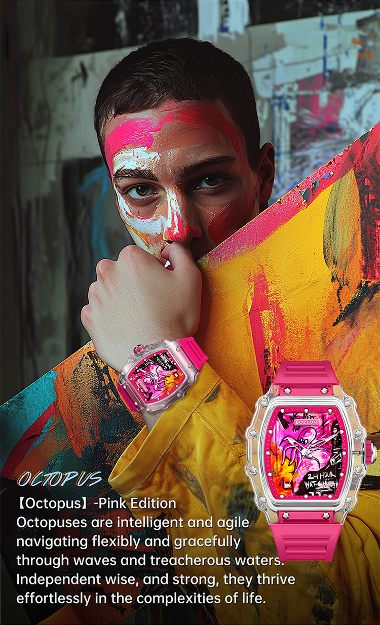 SKMEI KOTA Series Unisex Trendy Mechanical Watch — Square Transparent Case, Graffiti Dial, Automatic Movement, 30M Water Resistant Silicone Strap — Gift Item detail image 8