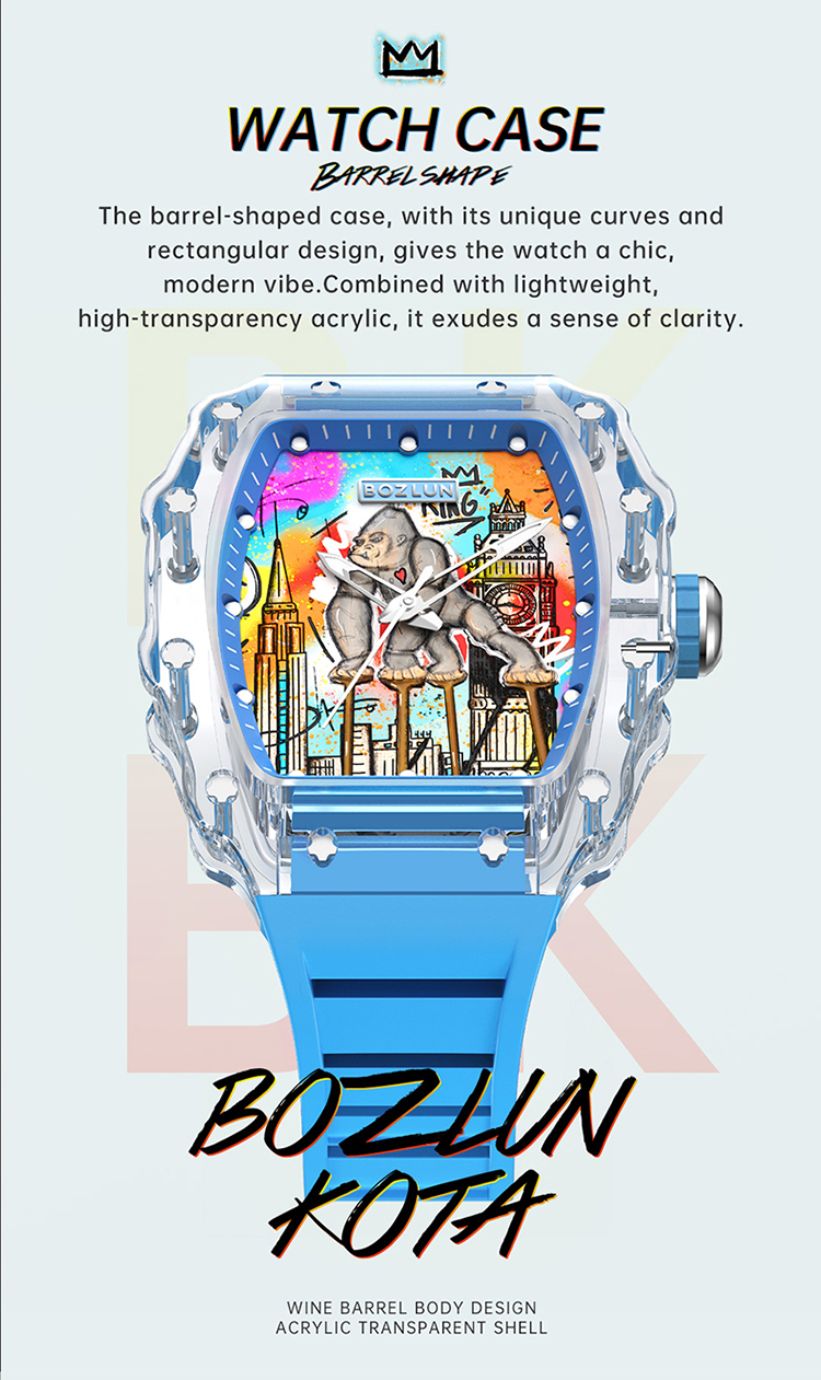 SKMEI KOTA Series Unisex Trendy Mechanical Watch — Square Transparent Case, Graffiti Dial, Automatic Movement, 30M Water Resistant Silicone Strap — Gift Item detail image 11