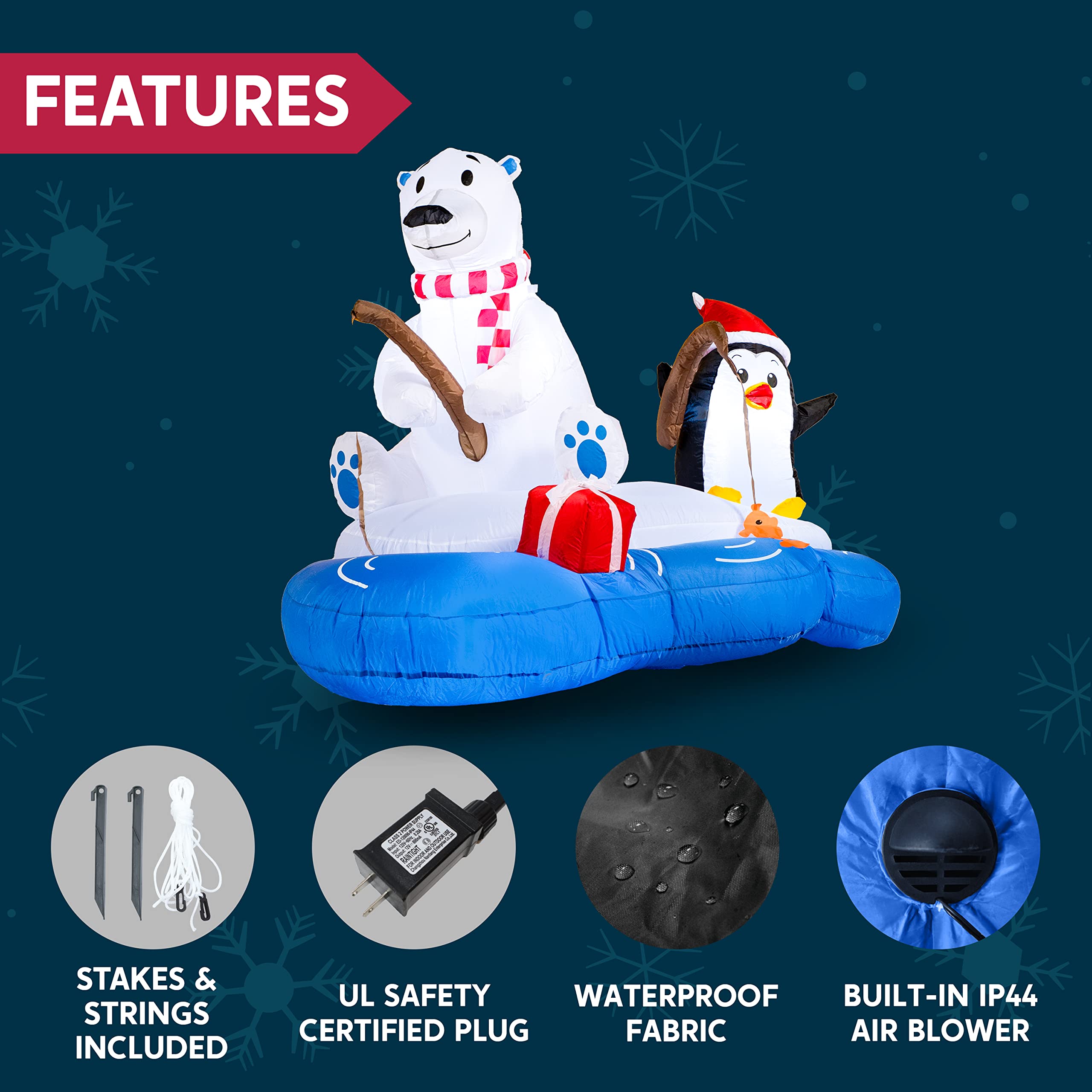Joiedomi 6 ft Inflatable Polar Bear Fishing with Penguin — Outdoor Christmas Yard Decoration with Built-in LED Lights detail image 5