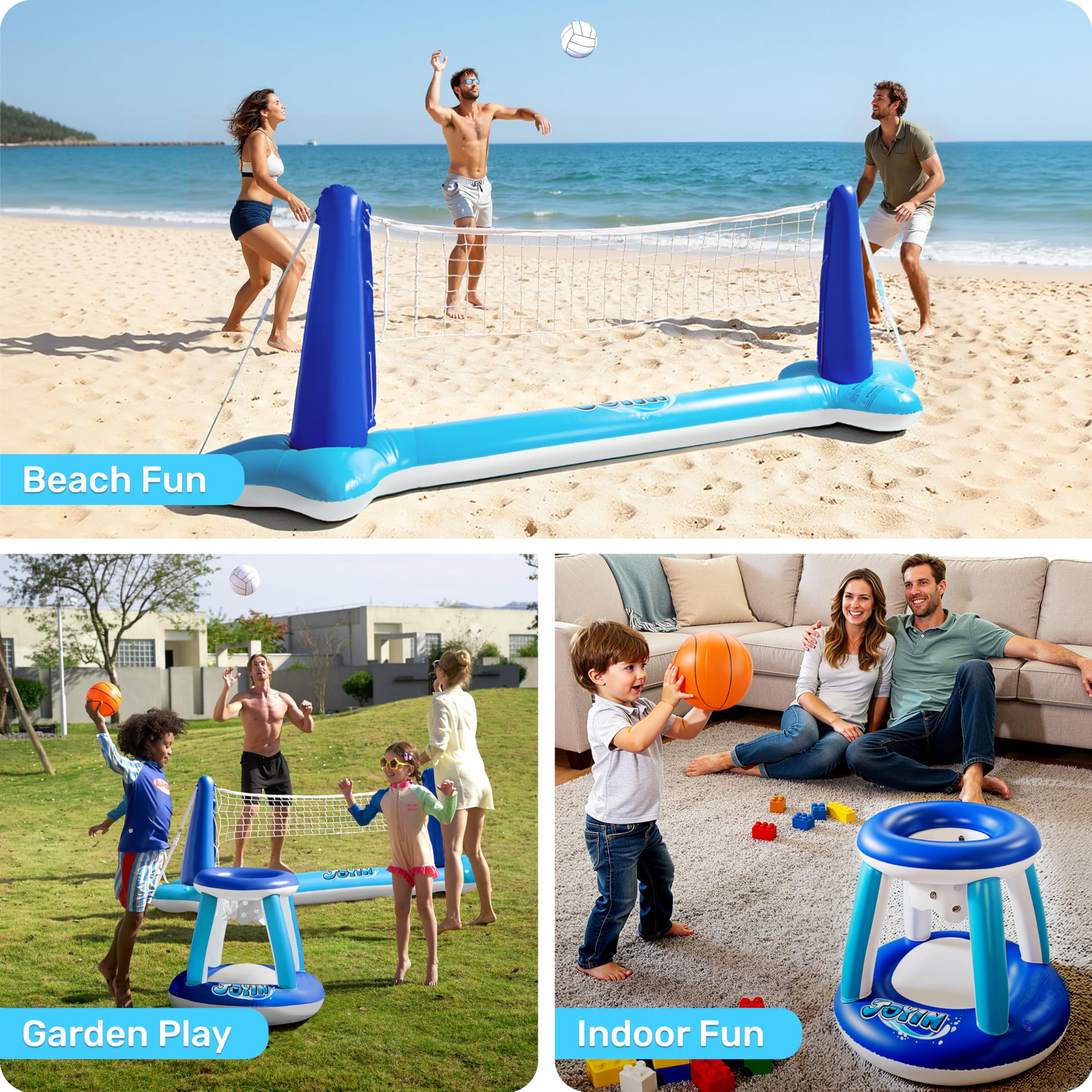 JOYIN Inflatable Volleyball Net & Basketball Hoop Pool Float Set with Balls, Dark Blue detail image 6