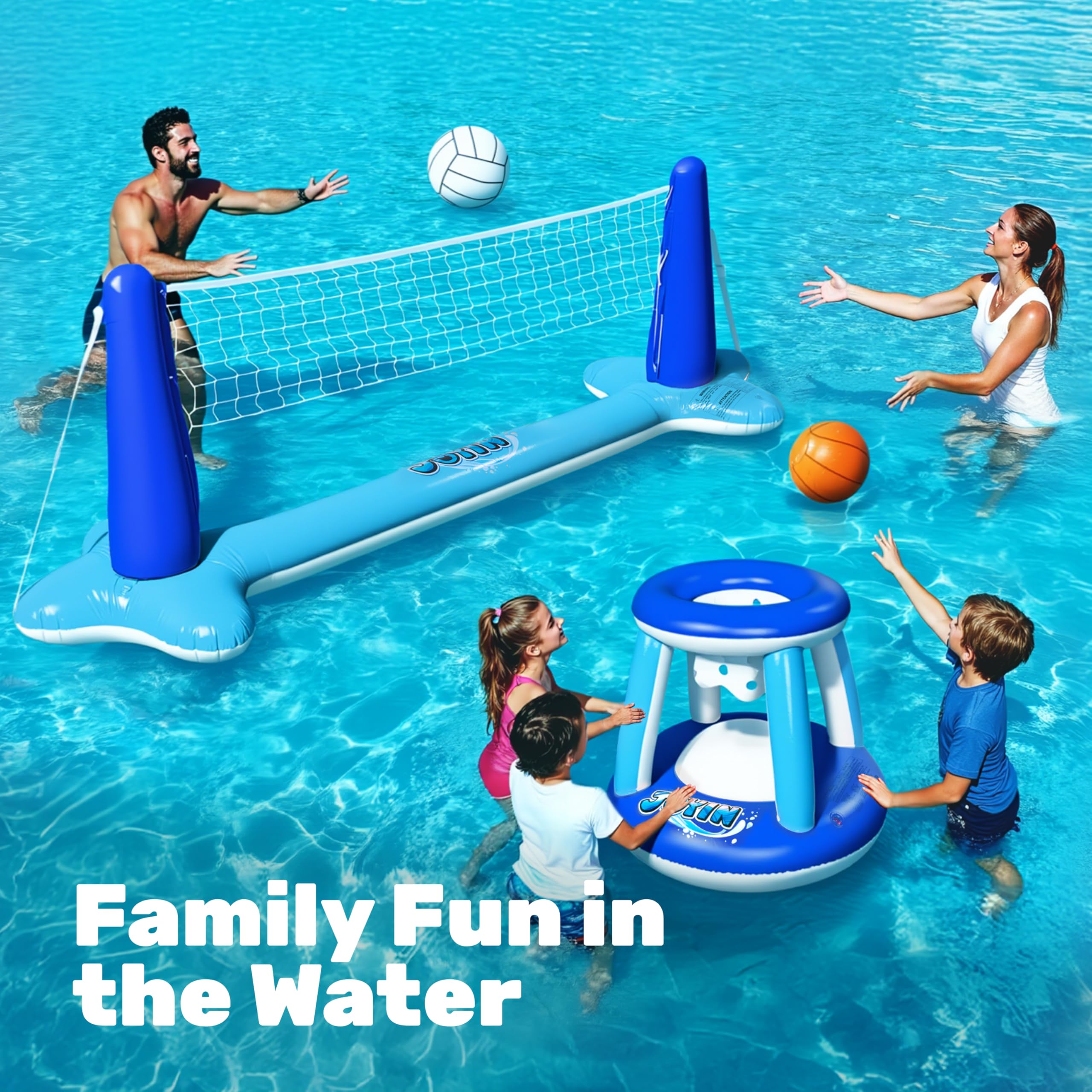 JOYIN Inflatable Volleyball Net & Basketball Hoop Pool Float Set with Balls, Dark Blue detail image 2
