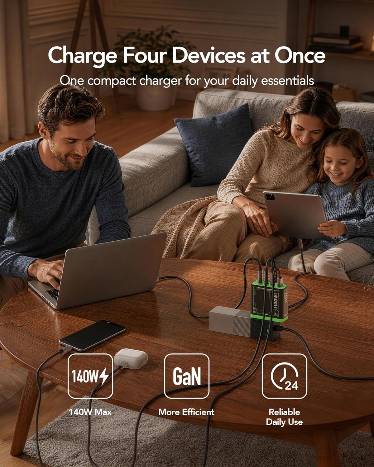 Mfish E-Rhino 140W Cargador USB-C, PD 3.1 GaN Carga Rápida, 4 Puertos (3 USB-C + 1 USB-A), Adaptador con Enchufe Plegable, Compatible con MacBook Pro, iPhone, iPad, Galaxy, Tablets y Portátiles, Negro detail image 8