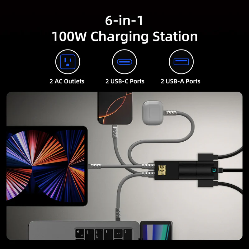 mfish E-Train 100W GaN Charging Station, 6-in-1 Desktop Power Strip — 2 AC Outlets + 2 USB-C + 2 USB-A, 5 ft Power Cord detail image 5