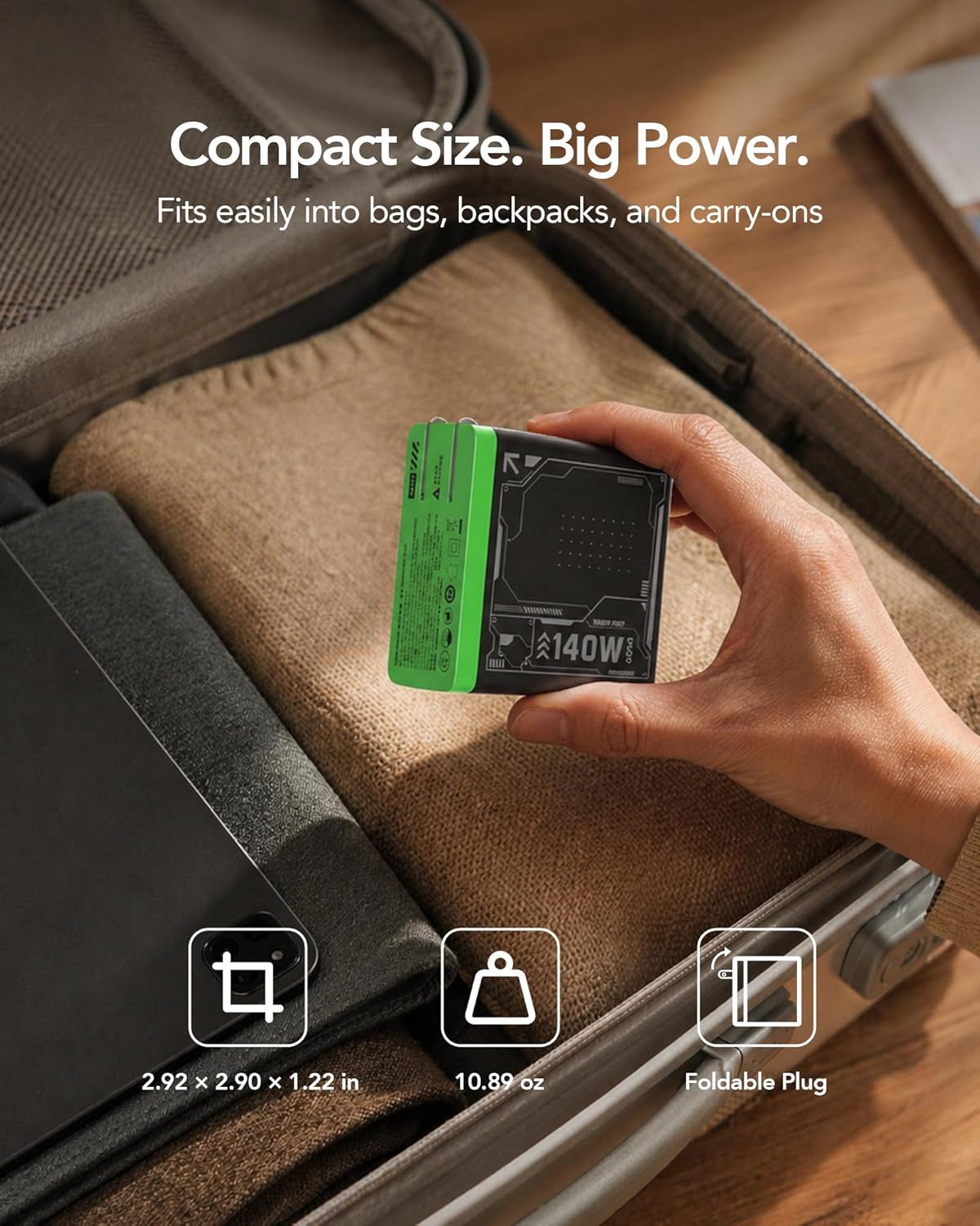 Mfish E-Rhino 140W Cargador USB-C, PD 3.1 GaN Carga Rápida, 4 Puertos (3 USB-C + 1 USB-A), Adaptador con Enchufe Plegable, Compatible con MacBook Pro, iPhone, iPad, Galaxy, Tablets y Portátiles, Negro detail image 7