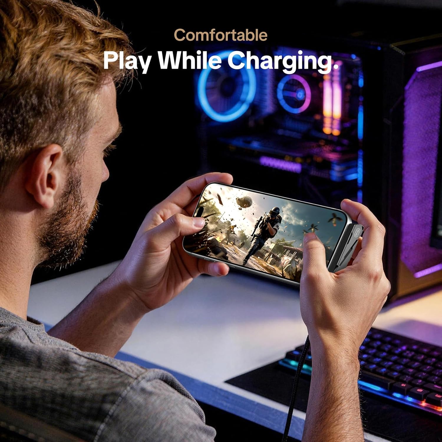 MFish 240W USB-C to USB-C Fast Charging Cable — Type-C Quick Charge Cable with T-Shape Stand, 90° Right-Angle Gaming Cable, Compatible with iPhone 17/16/15, MacBook, Tablets, Galaxy S25/S24, Durable Braided Cable, 3.93 ft detail image 3