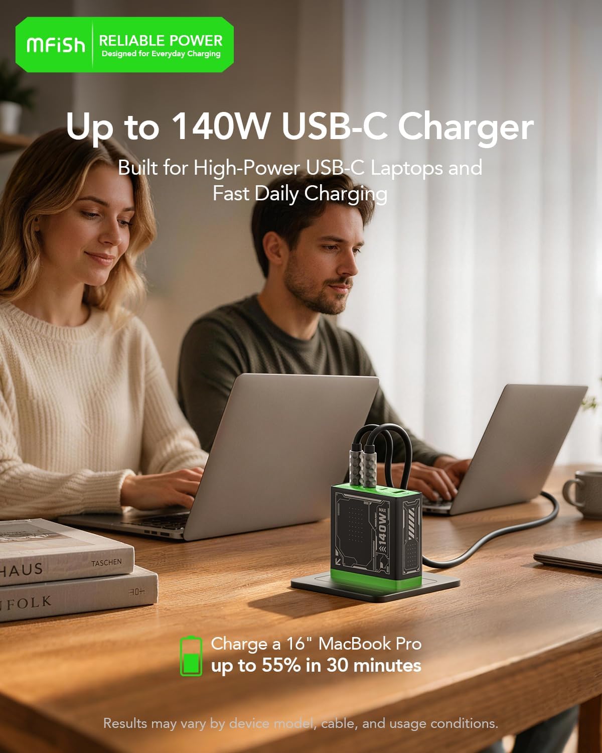 Mfish E-Rhino 140W USB-C Charger, PD 3.1 GaN Fast Charger, 4-Port (3× USB-C + 1× USB-A) with Folding Plug, Power Adapter for MacBook Pro, iPhone, iPad, Galaxy, Tablets and Laptops, Black detail image 6