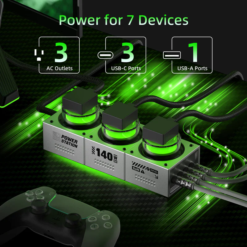 mfish E-Tank 140W GaN RGB Estación de carga de escritorio, centro de energía 7 en 1 con 3 enchufes CA + 3 USB-C + 1 USB-A, salida AC 1250W detail image 5