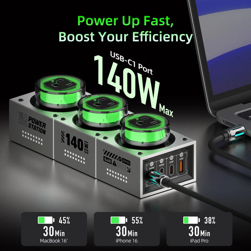 mfish E-Tank 140W GaN RGB Estación de carga de escritorio, centro de energía 7 en 1 con 3 enchufes CA + 3 USB-C + 1 USB-A, salida AC 1250W detail image 2