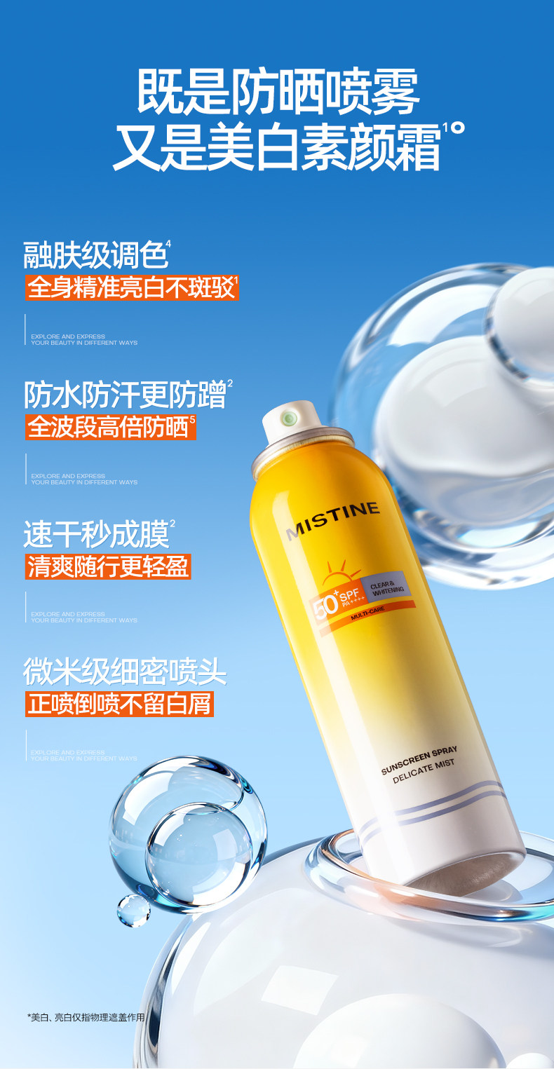 Mistine Aqua Base Clear And Whitening Sunscreen Spray, Brightens And Evens Skin Tone, Waterproof, SPF50+ PA++++, 80ml detail image 5