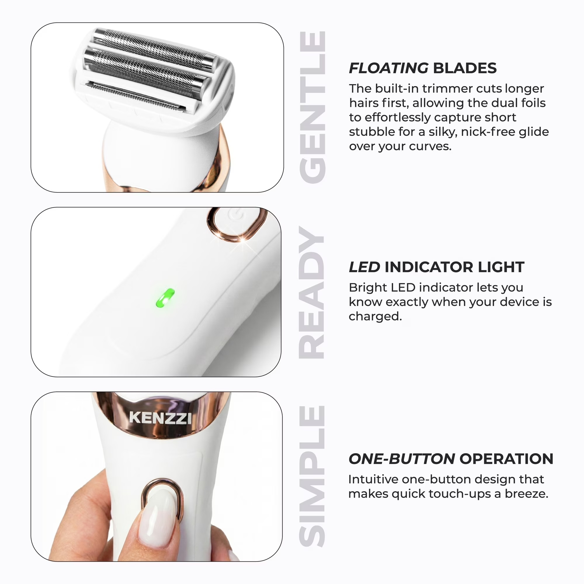 KENZZI Women’s Rechargeable Electric Shaver — Wet & Dry, Water-Resistant with Contouring 3-Blade Head detail image 3