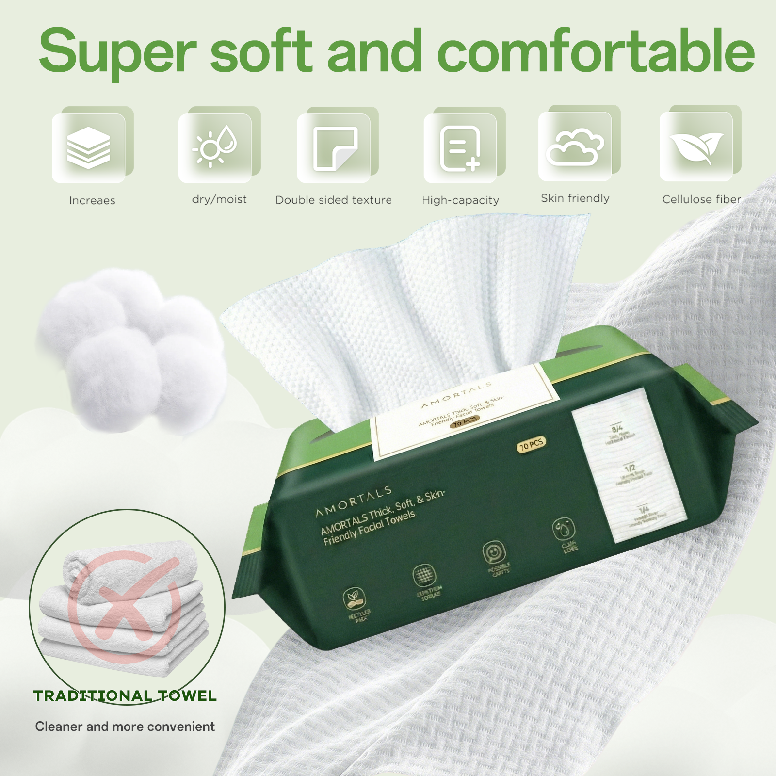 AMORTALS 70-Count Disposable Facial Wipes — Soft Pure Cotton Skincare Dry Towels, Biodegradable, Suitable for Sensitive Skin, Lint-Free Makeup Remover & Cleansing Cloth detail image 5