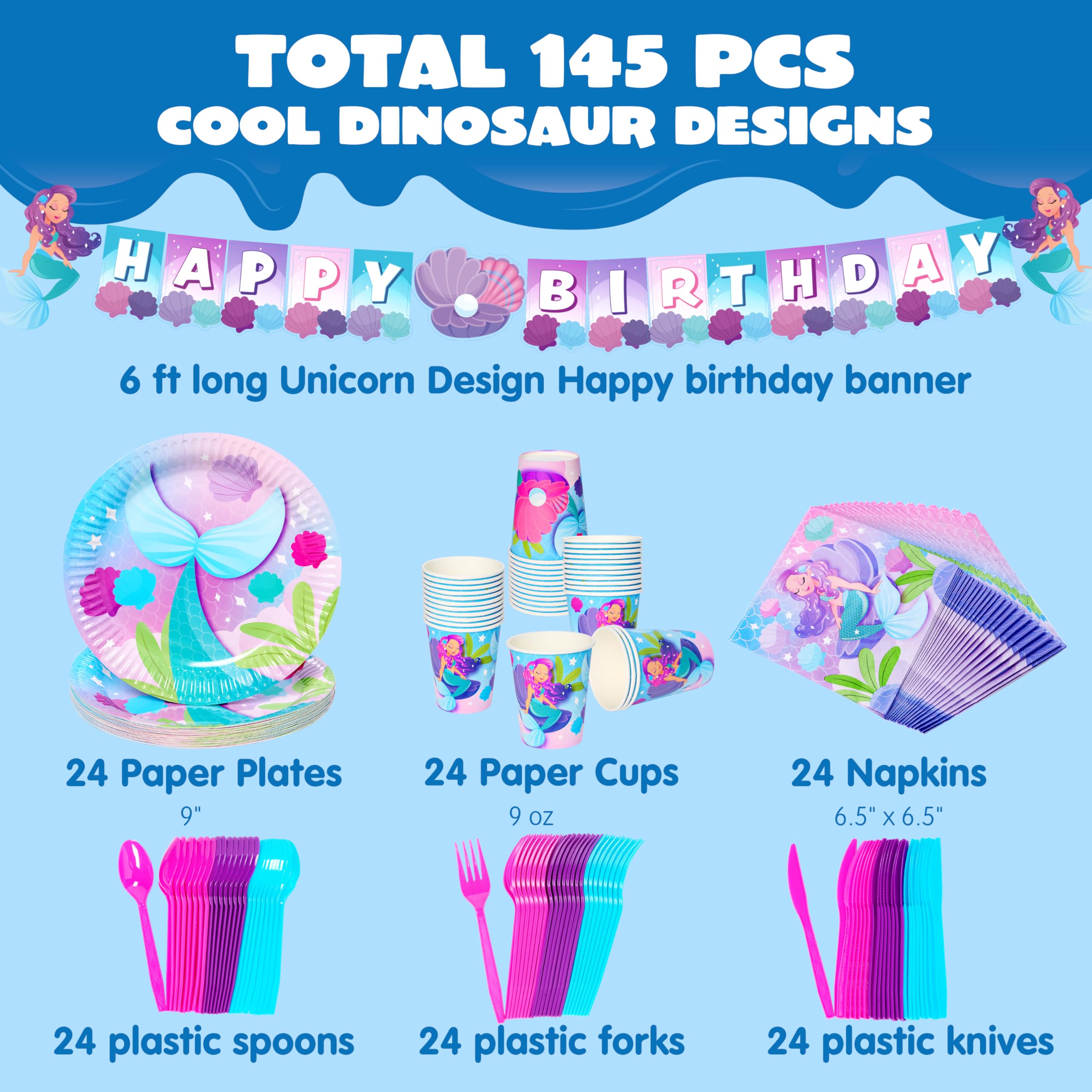 JOYIN 145-Piece Mermaid Birthday Party Supplies — 24-Serve Tableware Set with Banner, Plates, Cups, Napkins & Plastic Cutlery detail image 2
