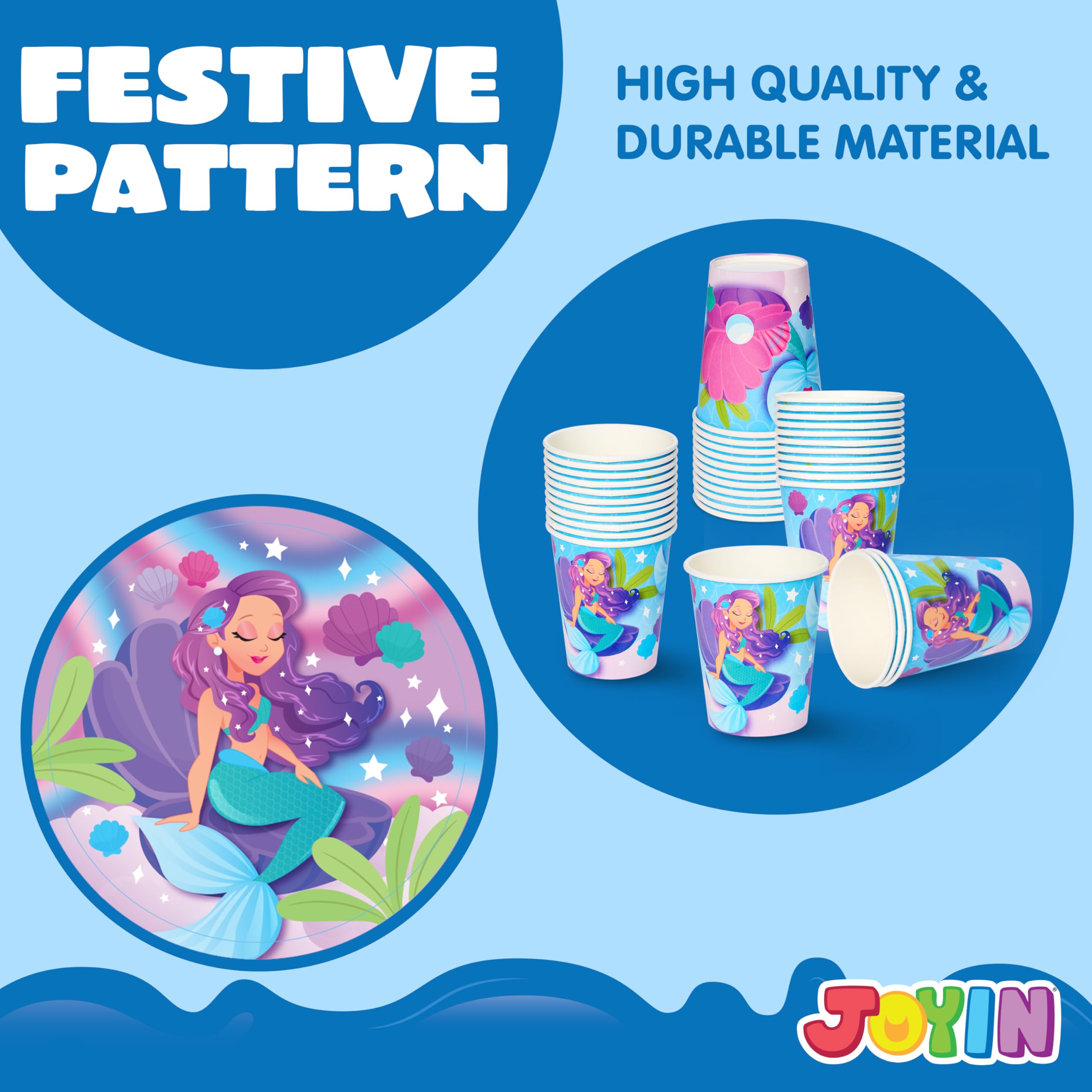 JOYIN 145-Piece Mermaid Birthday Party Supplies — 24-Serve Tableware Set with Banner, Plates, Cups, Napkins & Plastic Cutlery detail image 5