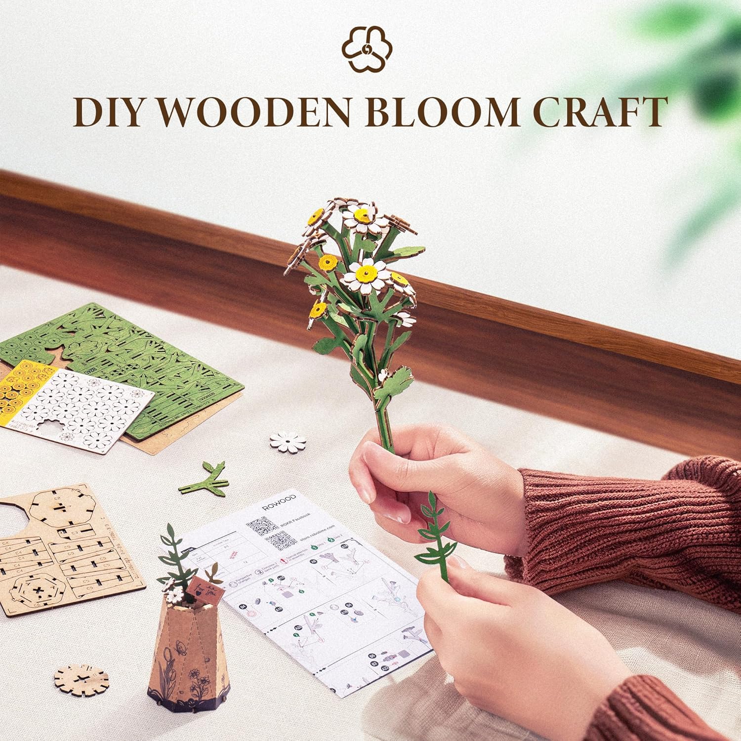 ROBOTIME Rowood Chamomile TW061 Wooden Chamomile Flower DIY 3D Puzzle — Realistic Wood Floral Decor, Desktop Ornament, Birthday & Holiday Gift detail image 3
