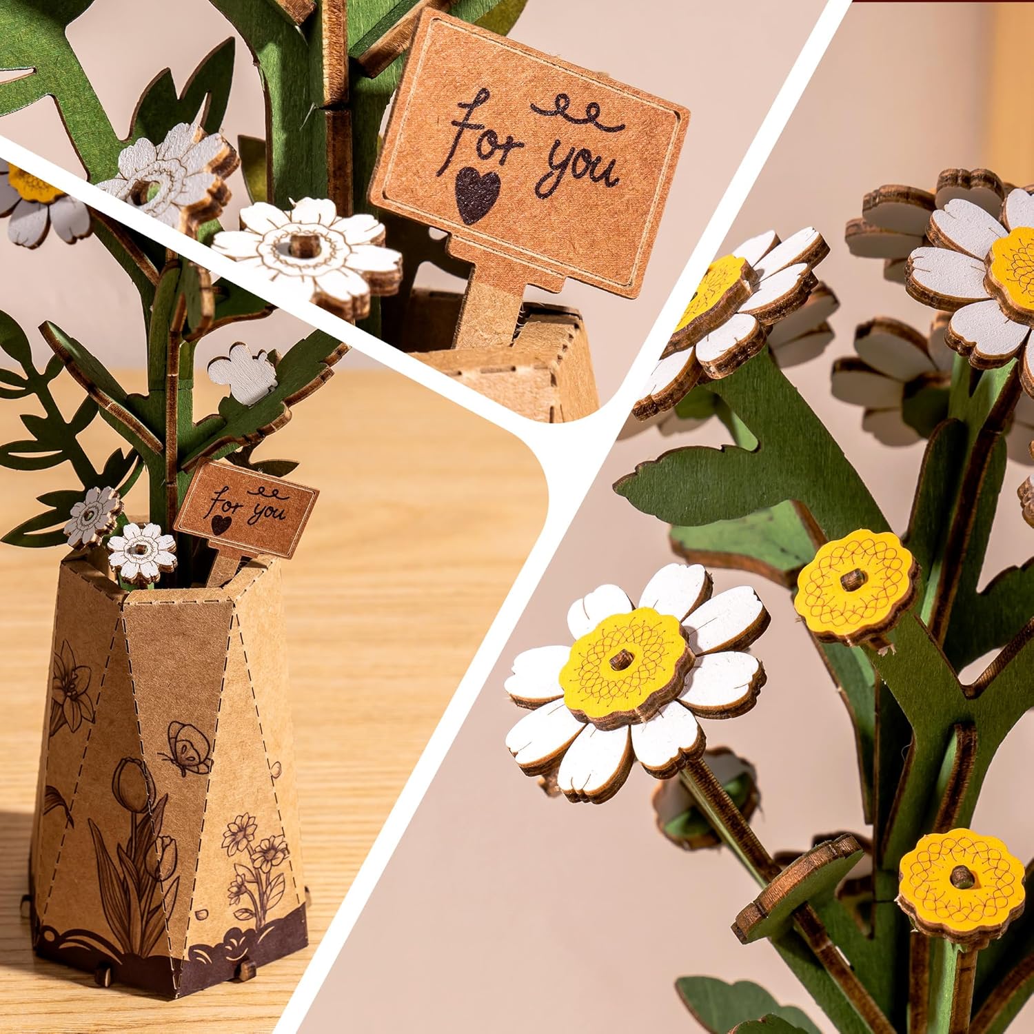 ROBOTIME Rowood Chamomile TW061 Wooden Chamomile Flower DIY 3D Puzzle — Realistic Wood Floral Decor, Desktop Ornament, Birthday & Holiday Gift detail image 7