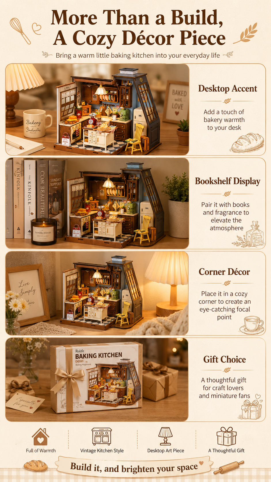 Rolife Baking Kitchen DG172 DIY Miniature Wooden 3D Puzzle Kit — Vintage Baking Kitchen with 359 Pieces and LED Warm Light, Desktop Decor Gift for Baking Enthusiasts & Dollhouse Hobbyists detail image 3