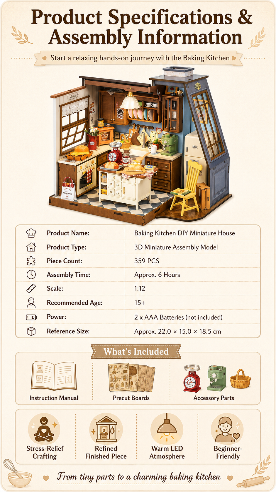 Rolife Baking Kitchen DG172 DIY Miniature Wooden 3D Puzzle Kit — Vintage Baking Kitchen with 359 Pieces and LED Warm Light, Desktop Decor Gift for Baking Enthusiasts & Dollhouse Hobbyists detail image 4