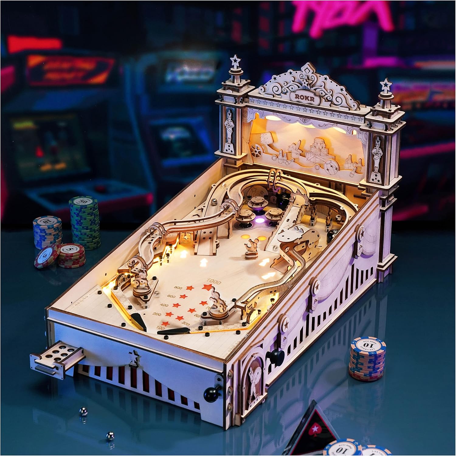 ROKR 3D Pinball EG01 Wooden Pinball Assembly Model, 482 Pieces — Retro Arcade Style DIY 3D Wooden Puzzle, Playable Mini Pinball Machine with Light & Sound and Scoring System — Gift for Mechanical Model & Wooden Puzzle Enthusiasts detail image 2