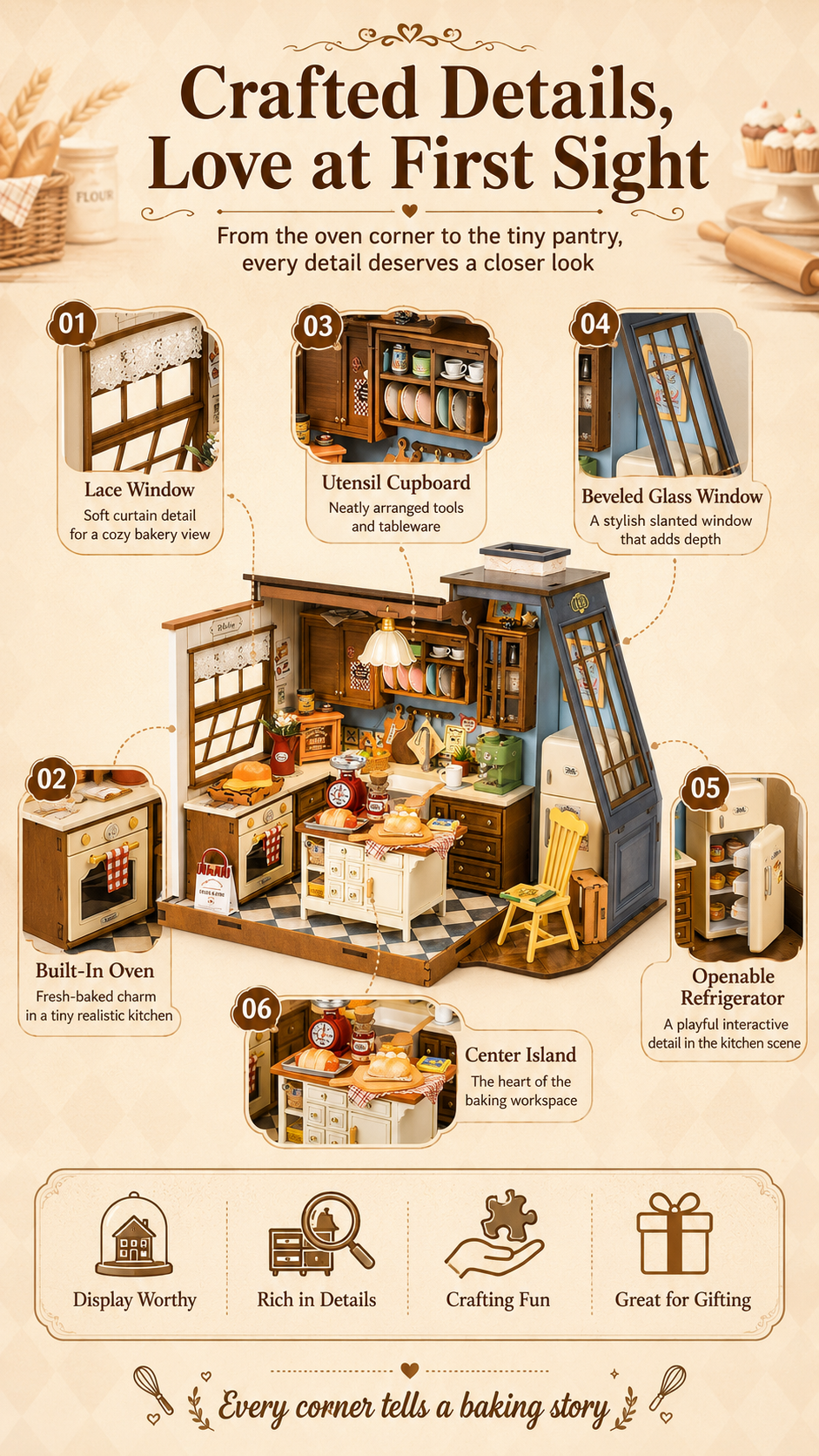 Rolife Baking Kitchen DG172 DIY Miniature Wooden 3D Puzzle Kit — Vintage Baking Kitchen with 359 Pieces and LED Warm Light, Desktop Decor Gift for Baking Enthusiasts & Dollhouse Hobbyists detail image 2