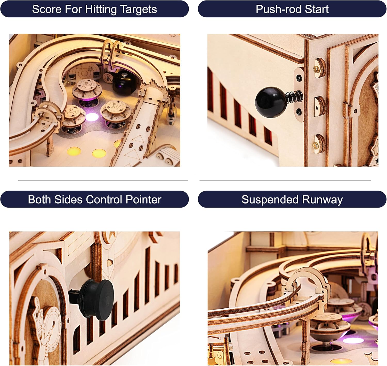 ROKR 3D Pinball EG01 Wooden Pinball Assembly Model, 482 Pieces — Retro Arcade Style DIY 3D Wooden Puzzle, Playable Mini Pinball Machine with Light & Sound and Scoring System — Gift for Mechanical Model & Wooden Puzzle Enthusiasts detail image 3