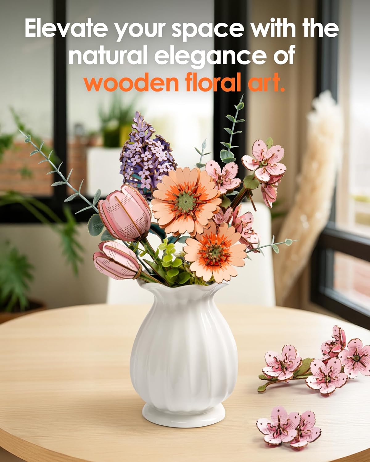 ROBOTIME Rowood Light Orange Gerbera Daisy TW111 — Light Orange Wooden Gerbera DIY 3D Flower Puzzle, Long-lasting No-care Desktop Décor, Ideal Gift for Flower & DIY Lovers detail image 4