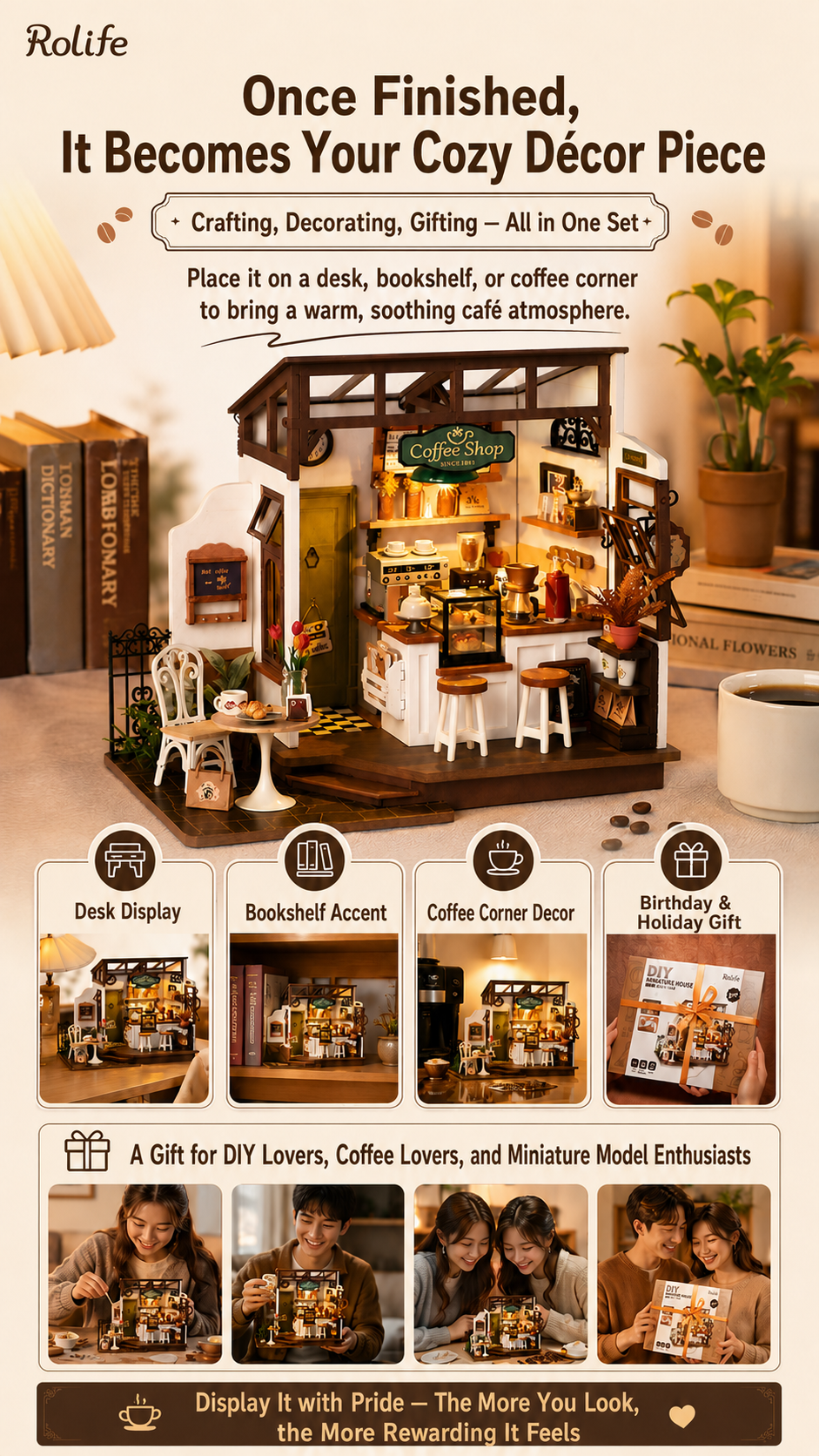 Rolife Flavory Café DG162 Vintage Café Miniature DIY Kit No.17 — 3D Wooden Puzzle Mini Coffee Shop, 183 Pieces with Warm LED, Desktop Decor Gift for Coffee Lovers & Miniature Hobbyists detail image 2