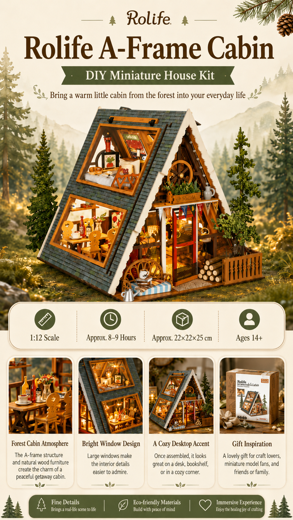 Rolife A-Frame Cabin DG181 A-Frame Wooden Miniature DIY Kit, 3D Wooden Puzzle 336 Pieces with LED Warm Light — Cozy Camping Desktop Decor, Gift for Nature Lovers & Miniature Enthusiasts detail image 1
