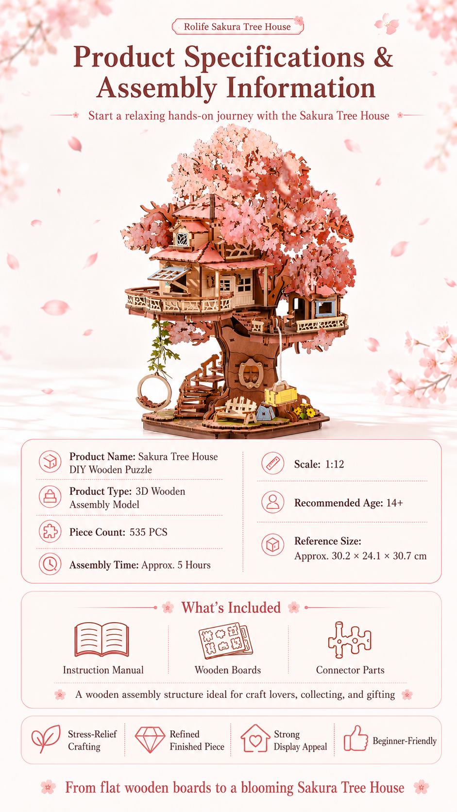 Rolife Sakura Tree House TGS04 3D Wooden Assembly Model, 535-Piece DIY Cherry Blossom Treehouse — Double-Deck Treehouse with Swing, Spiral Staircase & Pulley Lift, Fresh Natural Desktop Decoration, Gift for Cherry Blossom Lovers and Wooden Puzzle Enthusiasts detail image 4