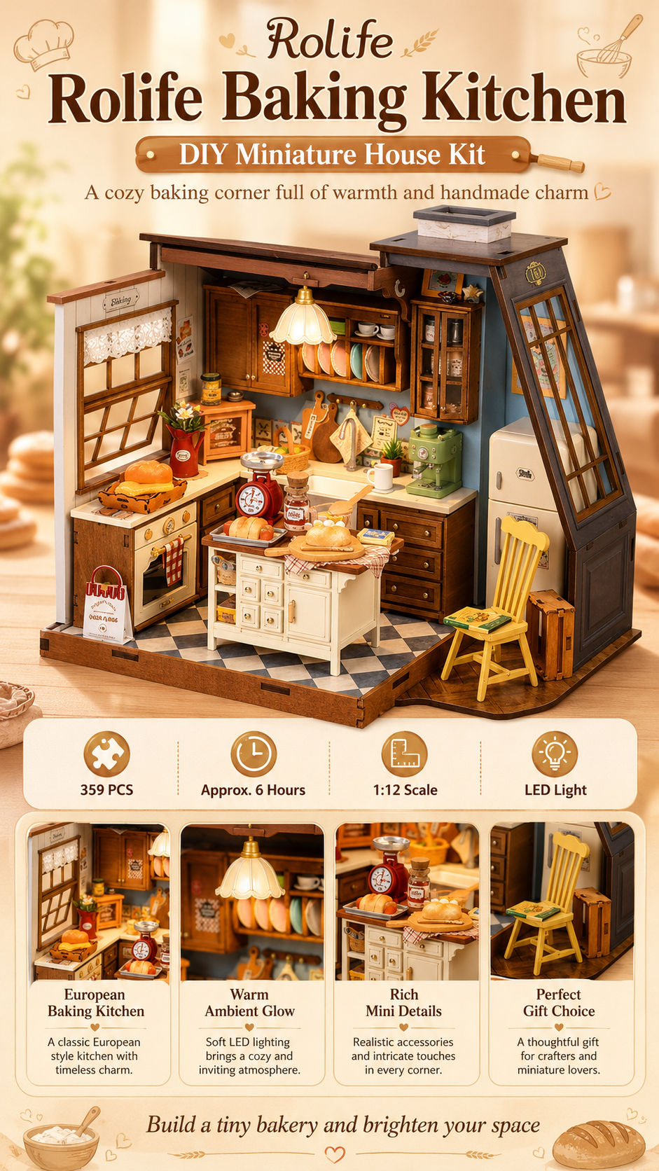 Rolife Baking Kitchen DG172 DIY Miniature Wooden 3D Puzzle Kit — Vintage Baking Kitchen with 359 Pieces and LED Warm Light, Desktop Decor Gift for Baking Enthusiasts & Dollhouse Hobbyists detail image 1