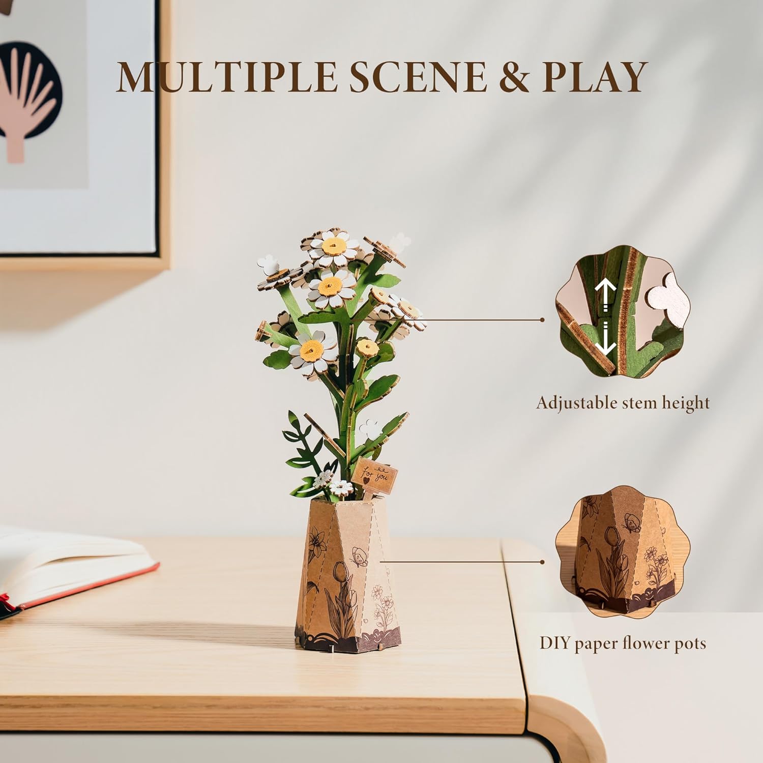 ROBOTIME Rowood Chamomile TW061 Wooden Chamomile Flower DIY 3D Puzzle — Realistic Wood Floral Decor, Desktop Ornament, Birthday & Holiday Gift detail image 6