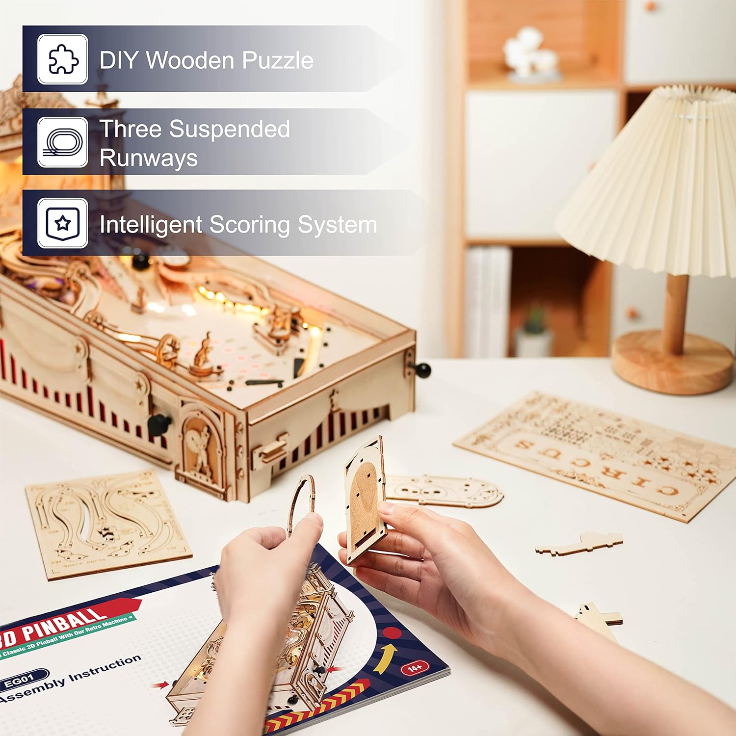 ROKR 3D Pinball EG01 Wooden Pinball Assembly Model, 482 Pieces — Retro Arcade Style DIY 3D Wooden Puzzle, Playable Mini Pinball Machine with Light & Sound and Scoring System — Gift for Mechanical Model & Wooden Puzzle Enthusiasts detail image 4