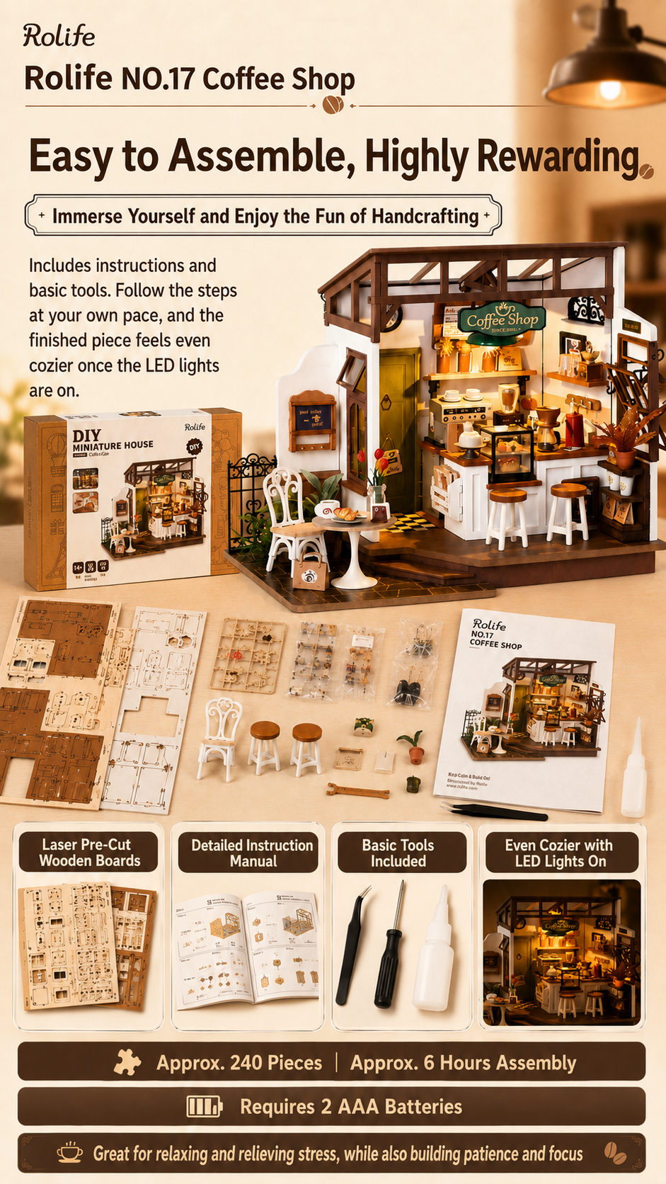Rolife Flavory Café DG162 Vintage Café Miniature DIY Kit No.17 — 3D Wooden Puzzle Mini Coffee Shop, 183 Pieces with Warm LED, Desktop Decor Gift for Coffee Lovers & Miniature Hobbyists detail image 3