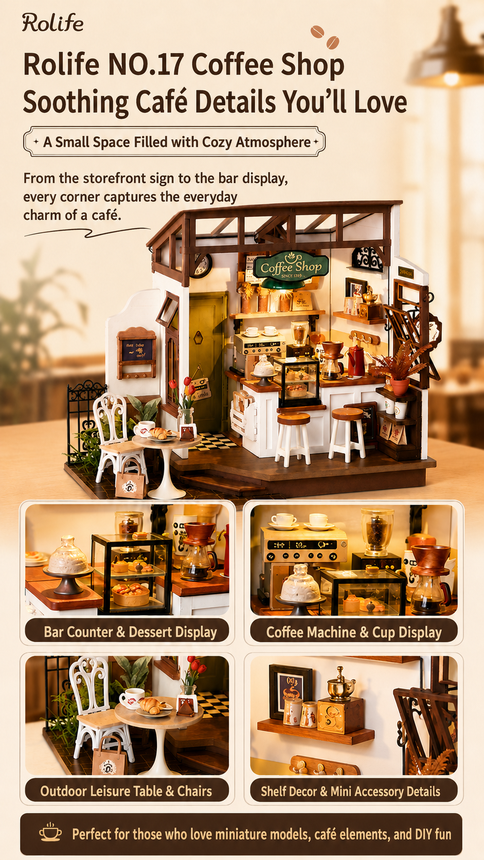 Rolife Flavory Café DG162 Vintage Café Miniature DIY Kit No.17 — 3D Wooden Puzzle Mini Coffee Shop, 183 Pieces with Warm LED, Desktop Decor Gift for Coffee Lovers & Miniature Hobbyists detail image 4