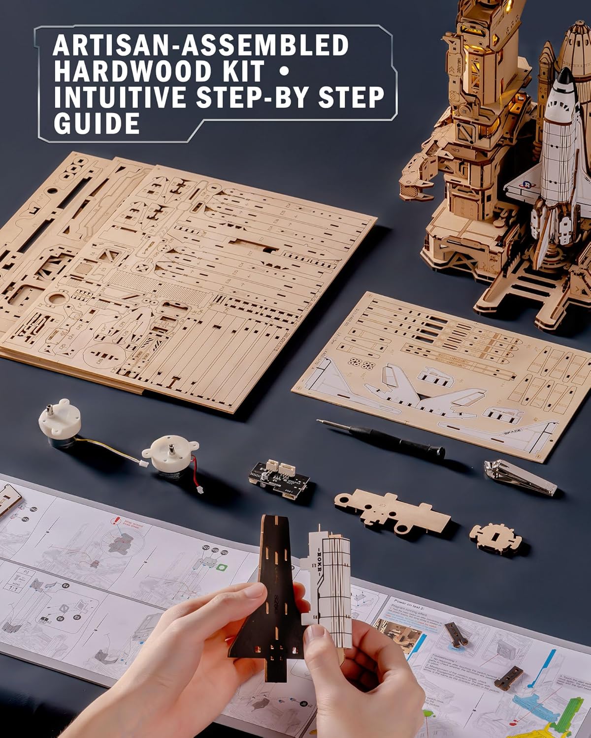 ROKR Space Shuttle LKA02 3D Wooden Assembly Model — 446 Pieces, DIY Launch Platform with Electric Lift, Mechanical Arm Linkage & LED Flame Effects, 1:420 Space Theme Desktop Ornament — Gift for Space Fans & Model Enthusiasts detail image 7