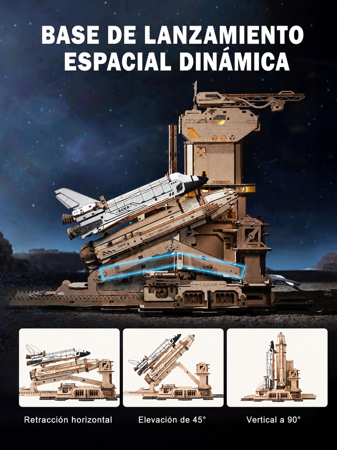 ROKR Space Shuttle LKA02 Modelo 3D de Madera DIY de Transbordador Espacial, 446 Piezas — Plataforma de Lanzamiento con Elevación Eléctrica, Brazo Mecánico Sincronizado y Efectos LED, Escala 1:420, Decoración de Escritorio para Aficionados al Espacio y Modelismo detail image 4